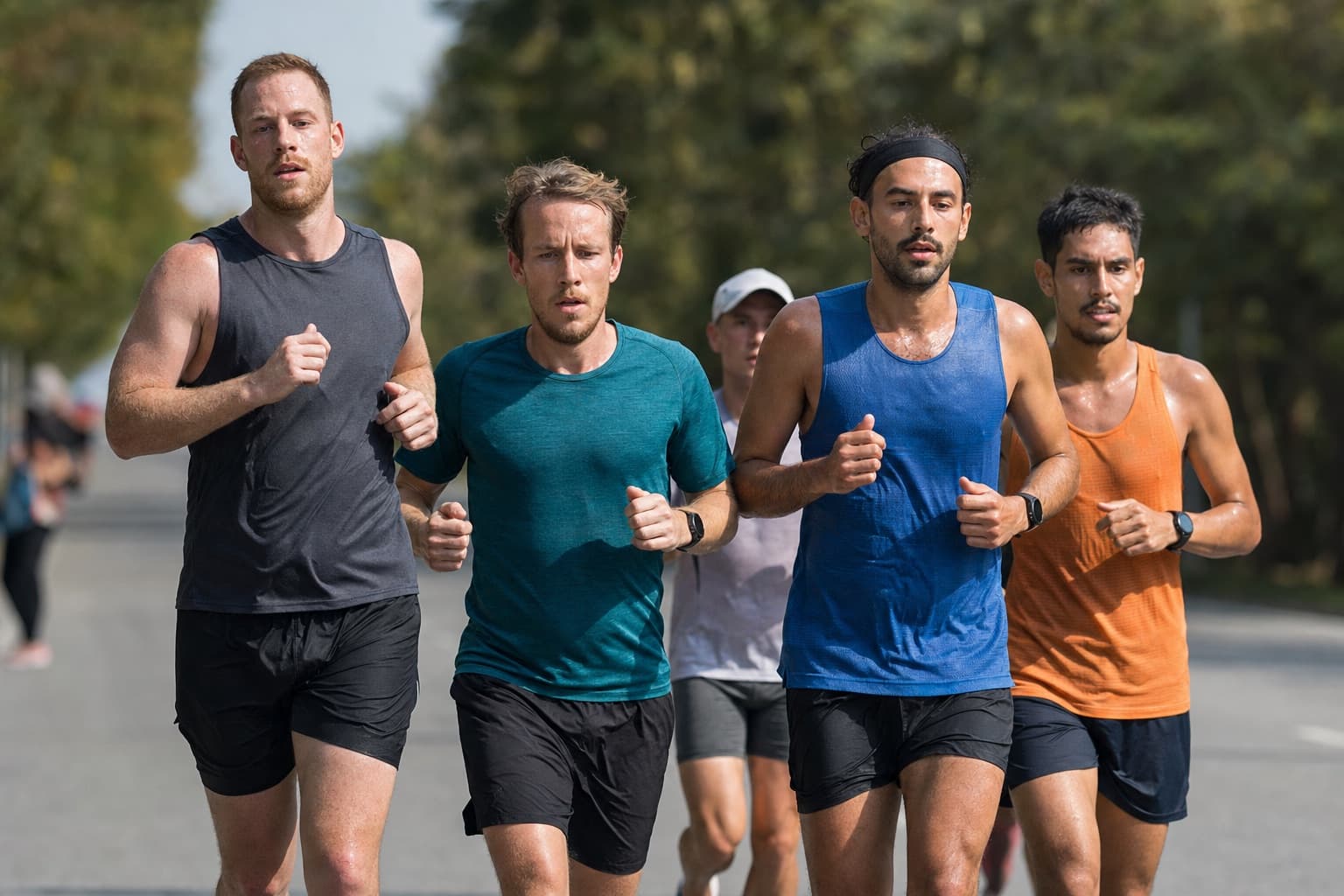 Small pack of half marathon runners holding an even pace past the midway point.
