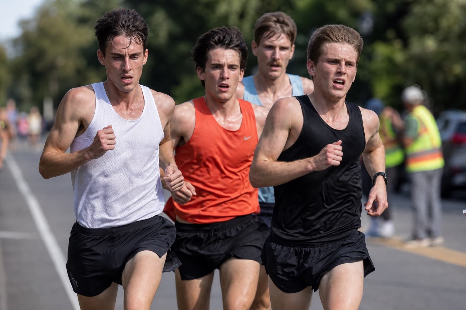 Lead chase pack of fast club runners racing shoulder to shoulder on the road.