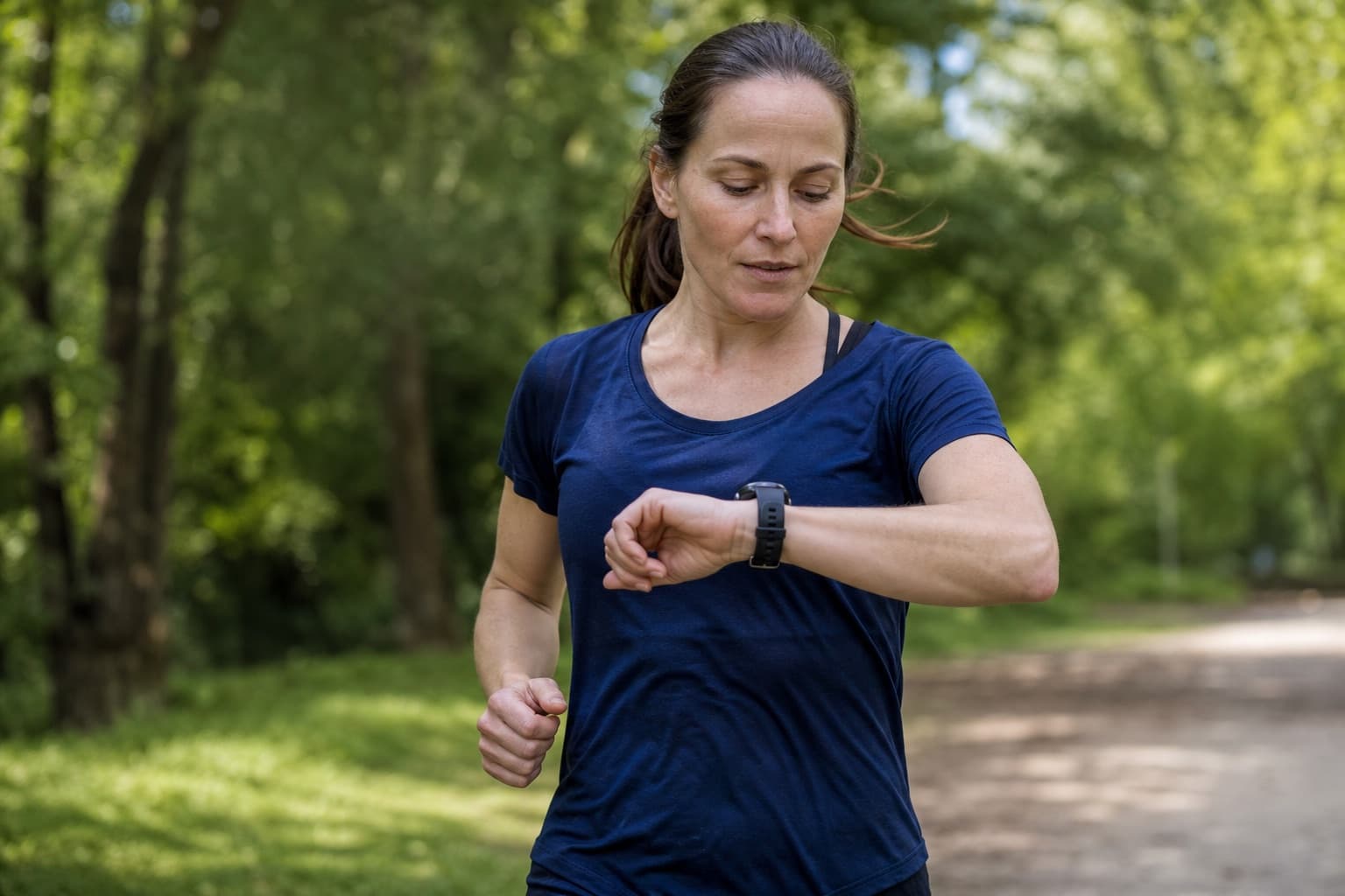 New runner glancing at a wrist GPS watch to check pace mid-race.