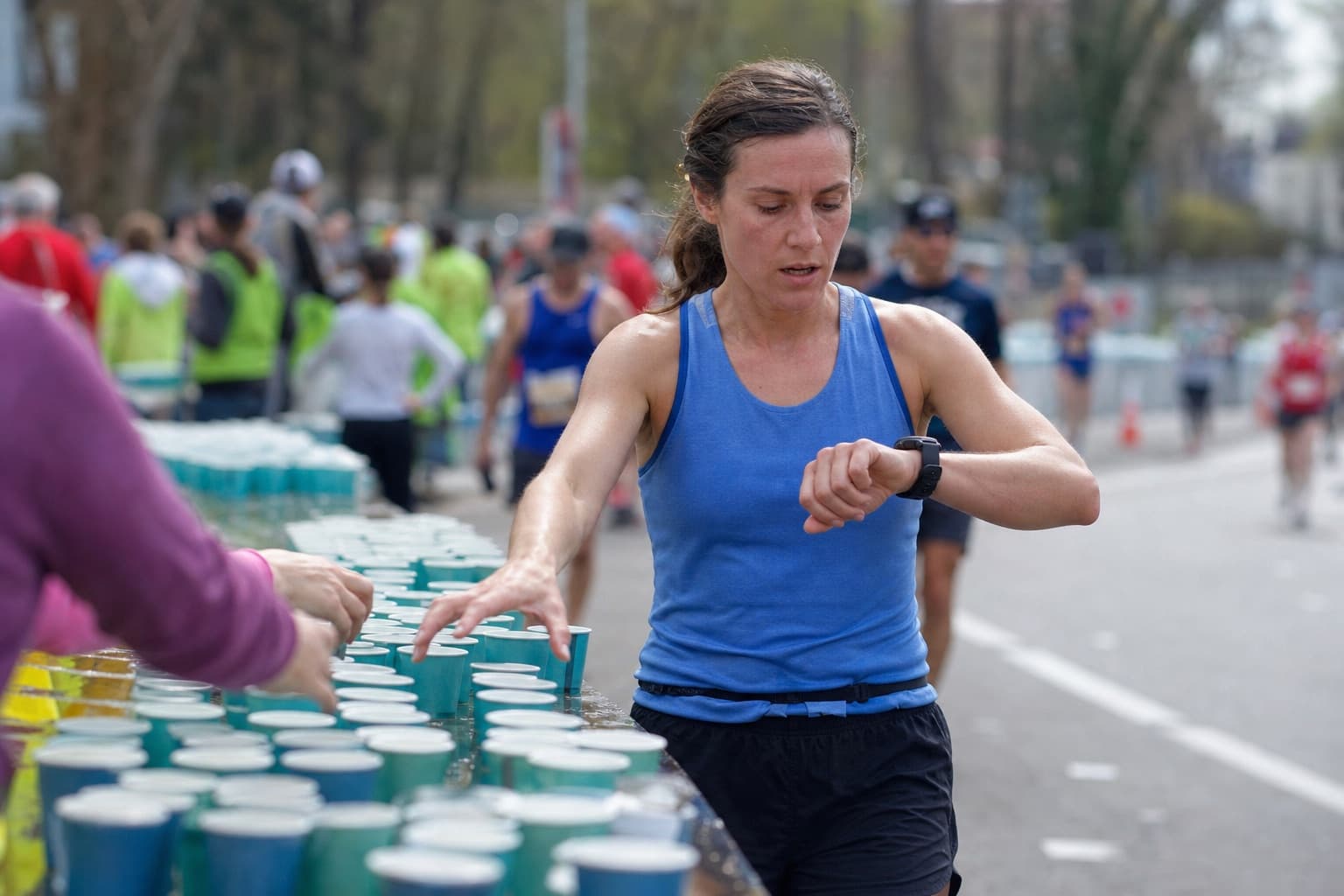 Marathoner glancing at a wrist watch while grabbing a cup at an aid station.