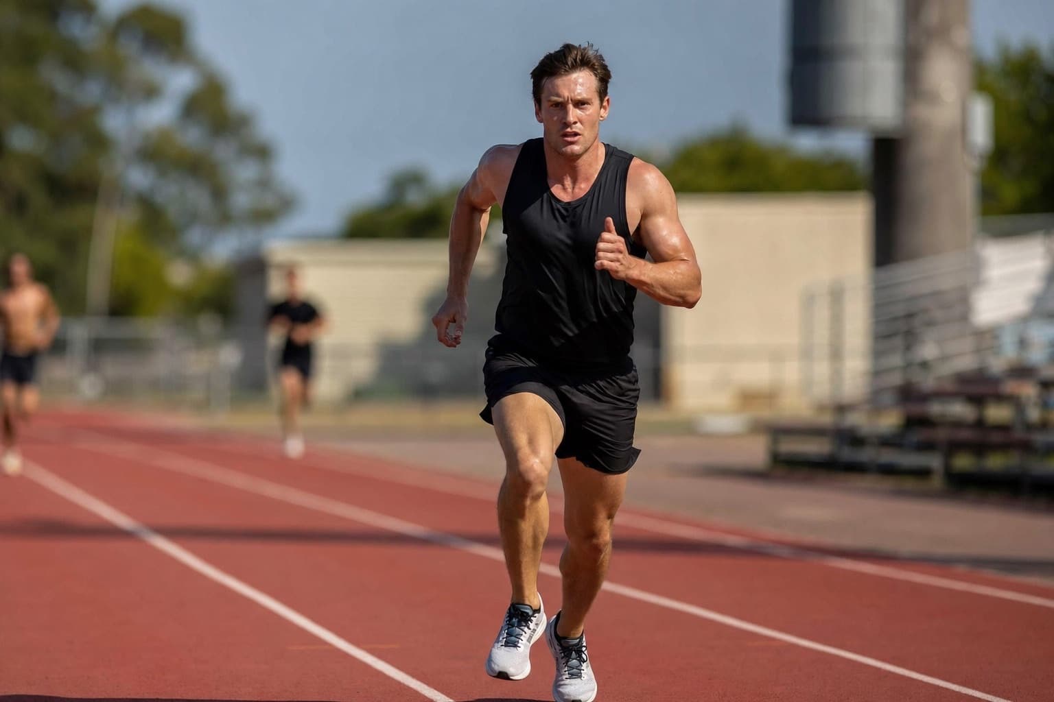 Runner driving through a hard training rep on an outdoor track.