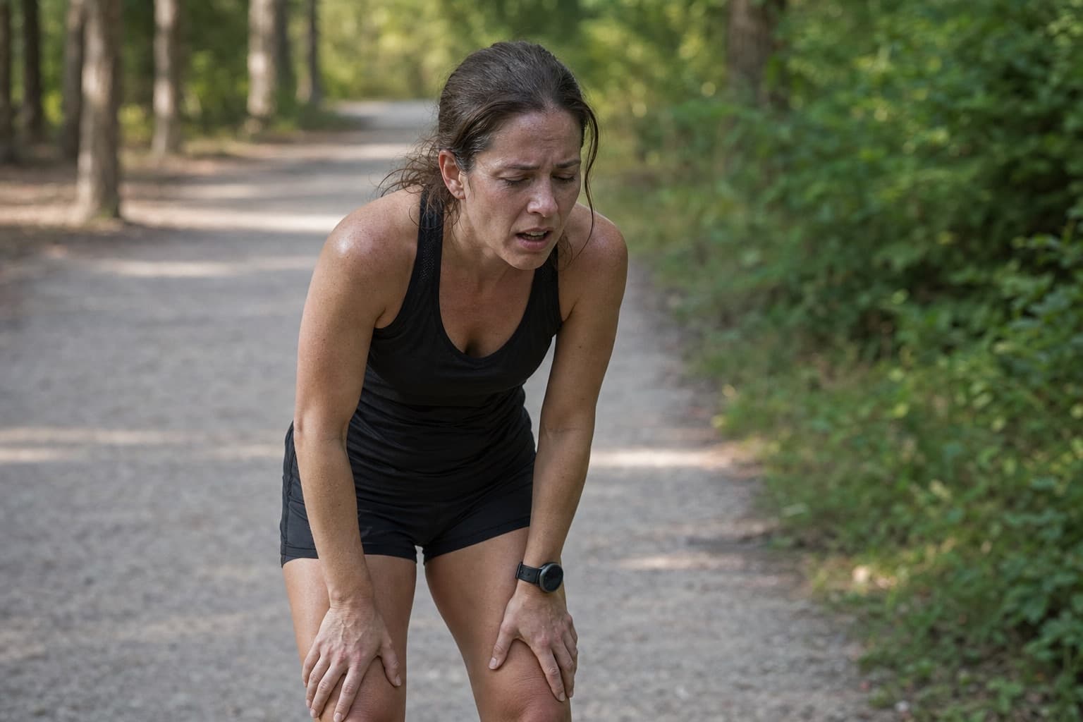 Runner slowing and laboring on a park trail in the late stage of a run.