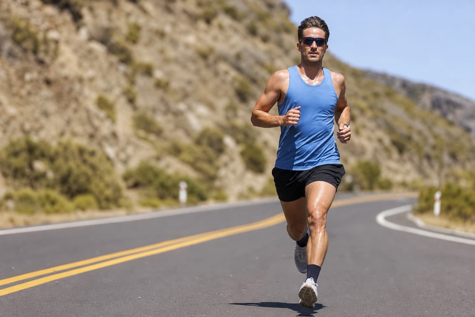 Runner on a committed, steady run along a bright open road.