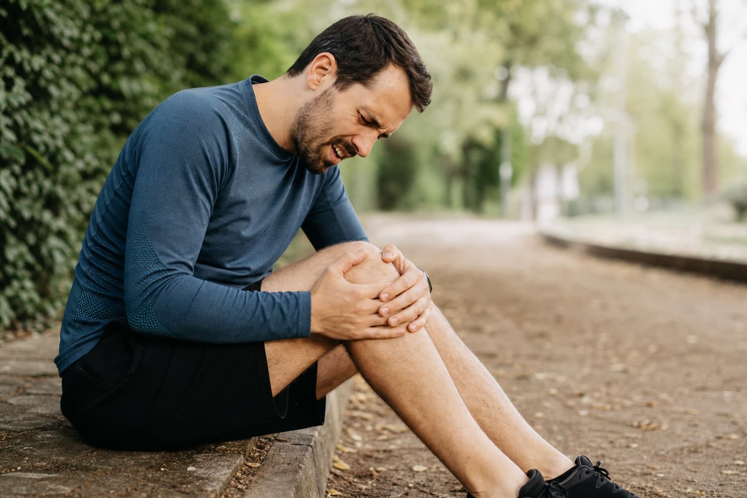 Runner sitting on a curb pressing both hands against the outer knee.