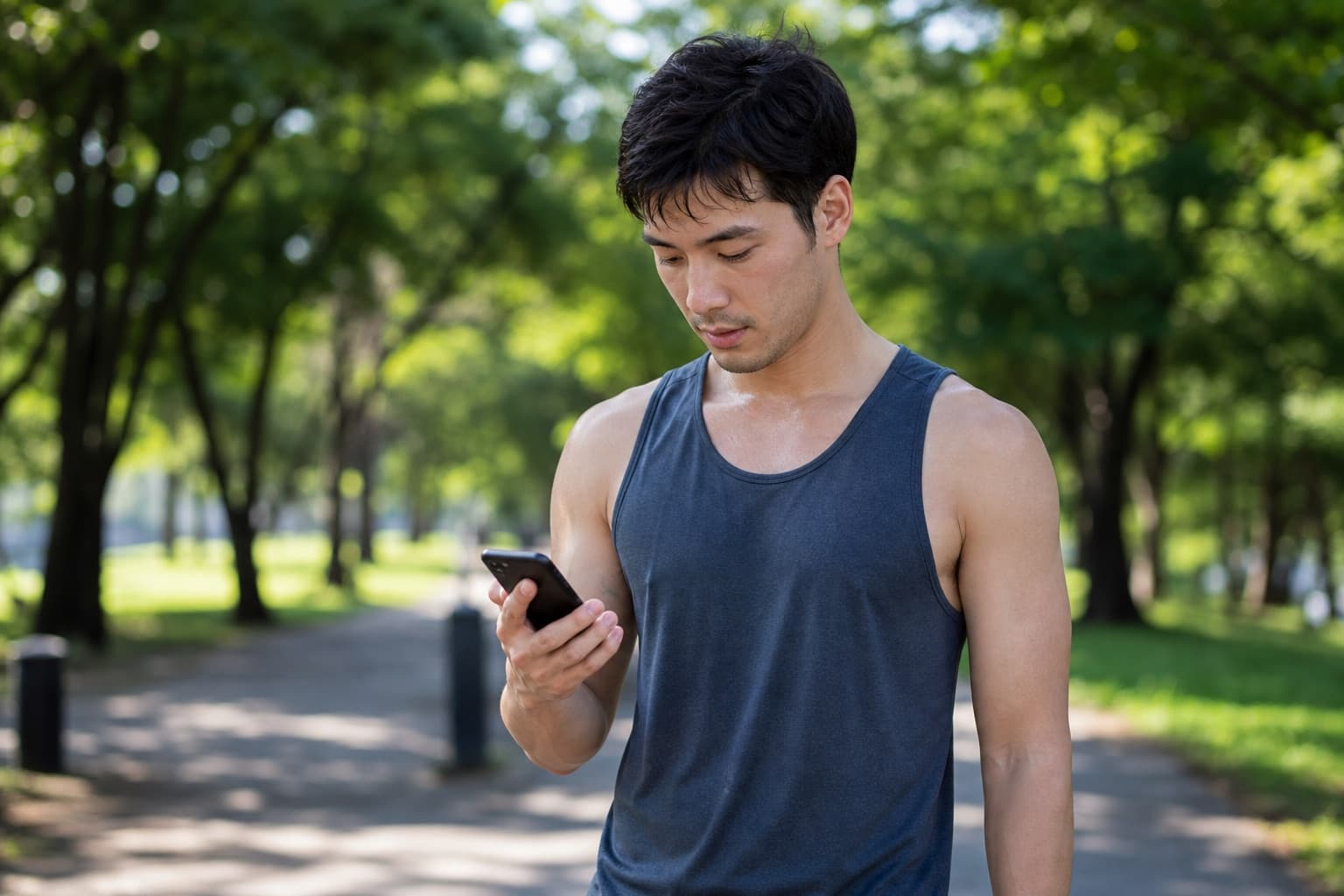 Runner calmly reviewing a training summary on a phone after a run in a park.