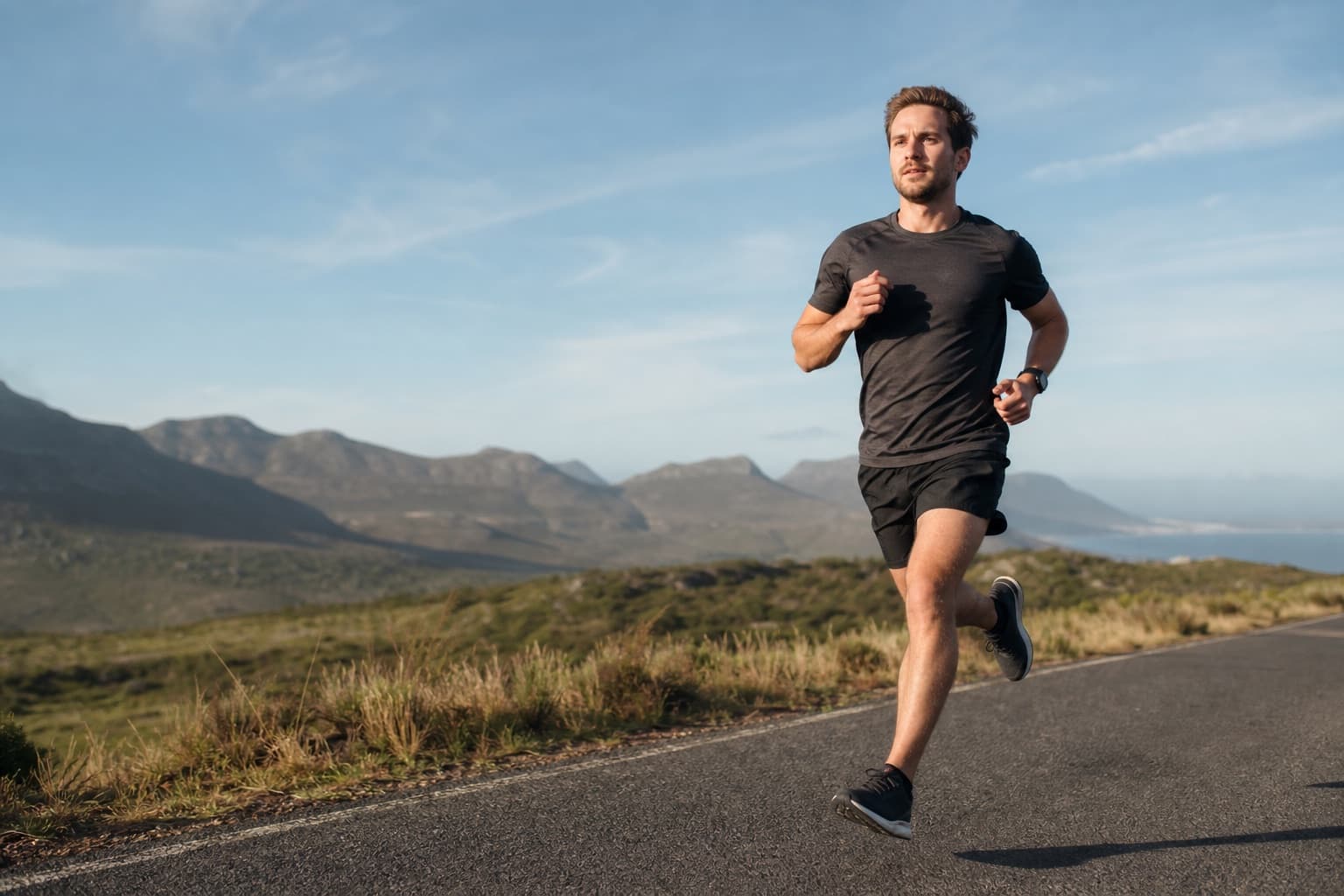 Runner mid-stride holding a steady, controlled effort on an open road.