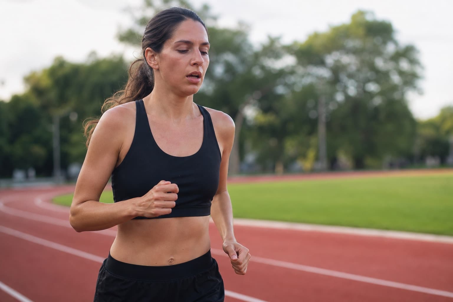 Runner jogging an easy recovery lap between hard interval reps on a track.