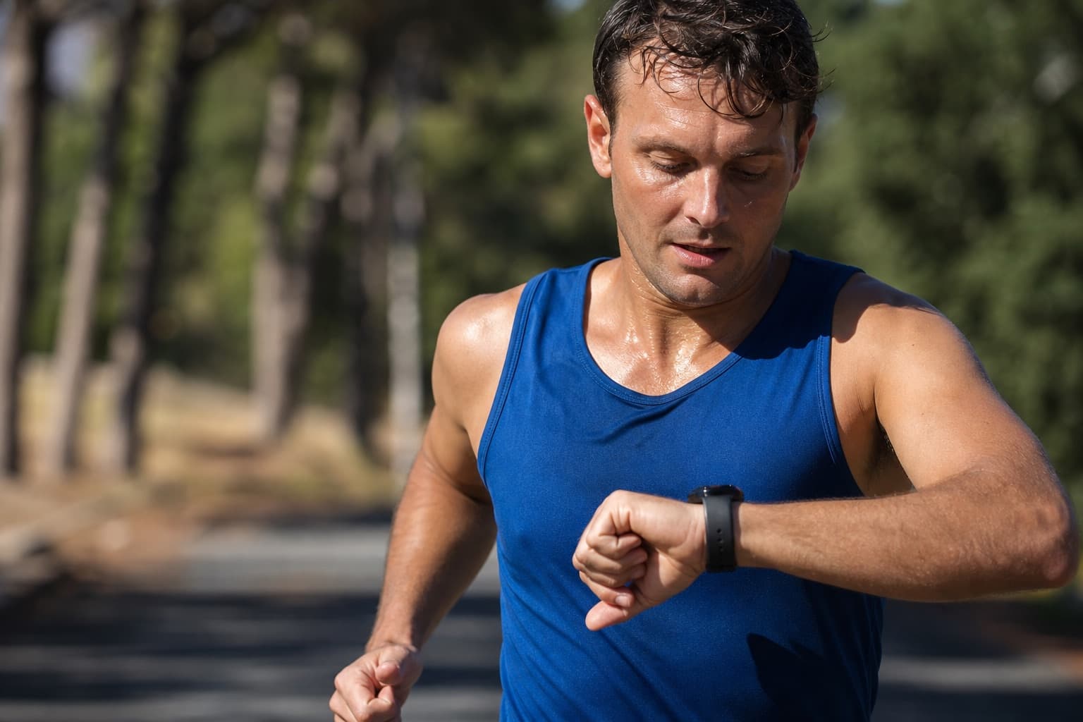 Runner glancing at a GPS watch on the wrist to check pace mid-run.