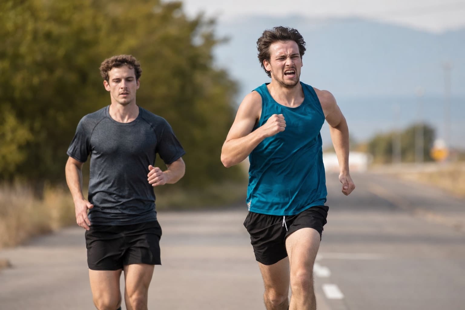 Two runners on a road, one steady and one surging ahead too early.