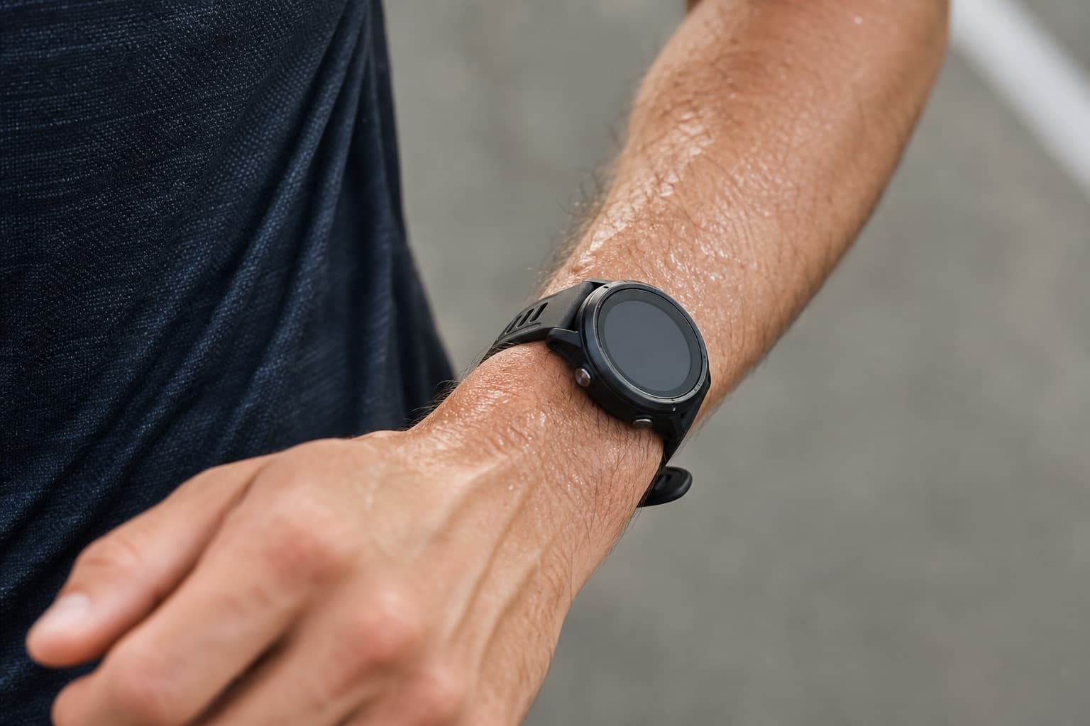 Close-up of a GPS watch on a runner's wrist during a paced run.