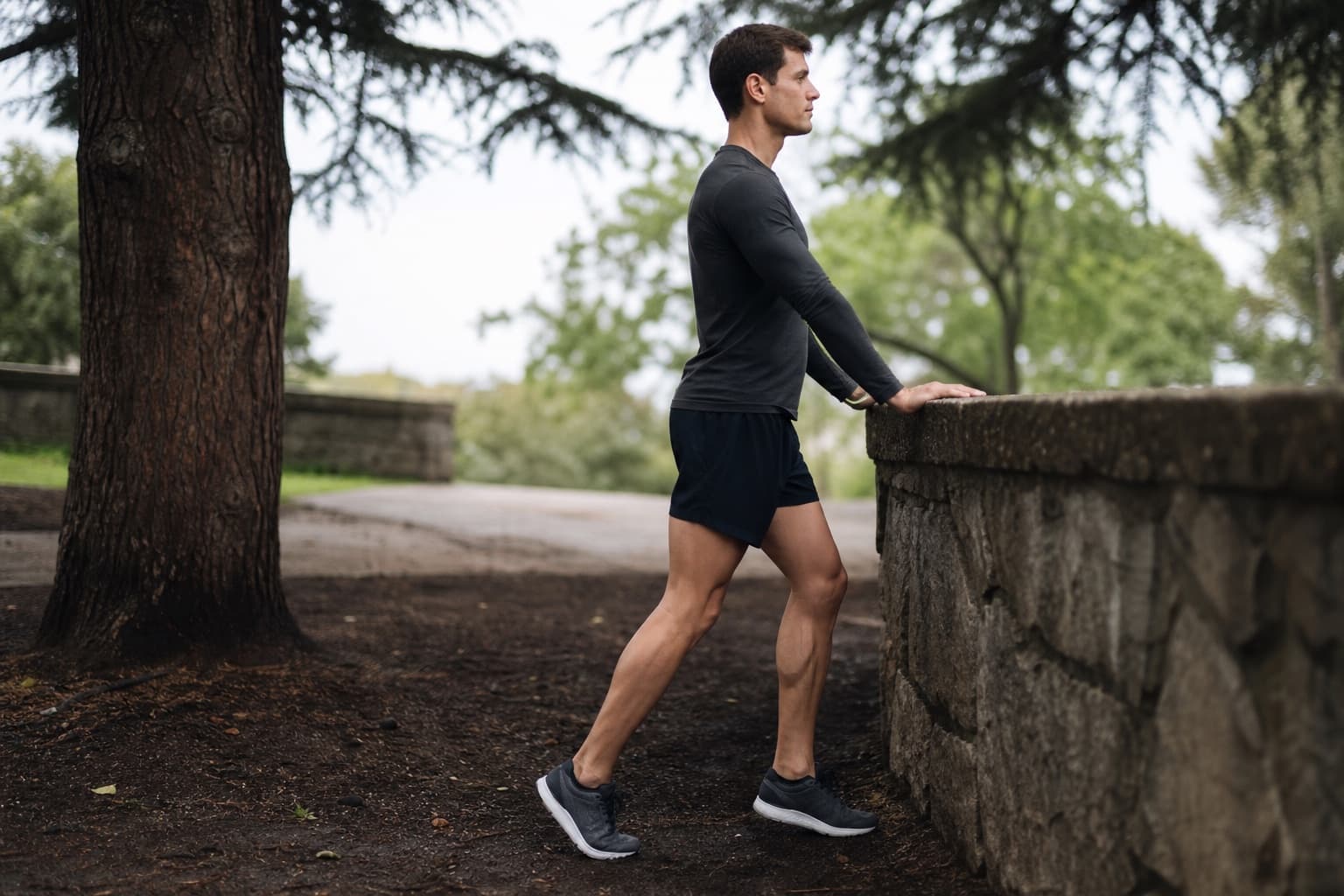Runner doing a calf and lower-leg strengthening routine outdoors.