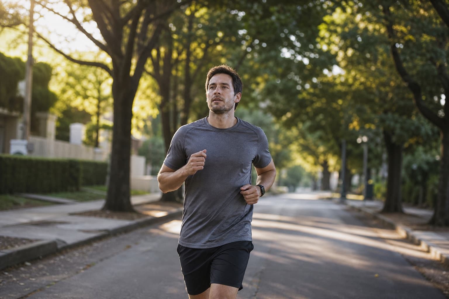 Runner on a relaxed, steady easy run down a calm tree-lined street.