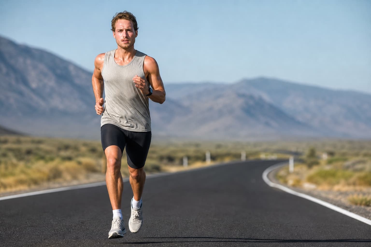 Runner in a focused, controlled quality session on an open road.