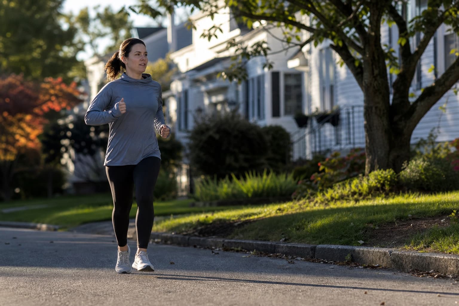 Runner on a relaxed easy base run along a quiet suburban street.