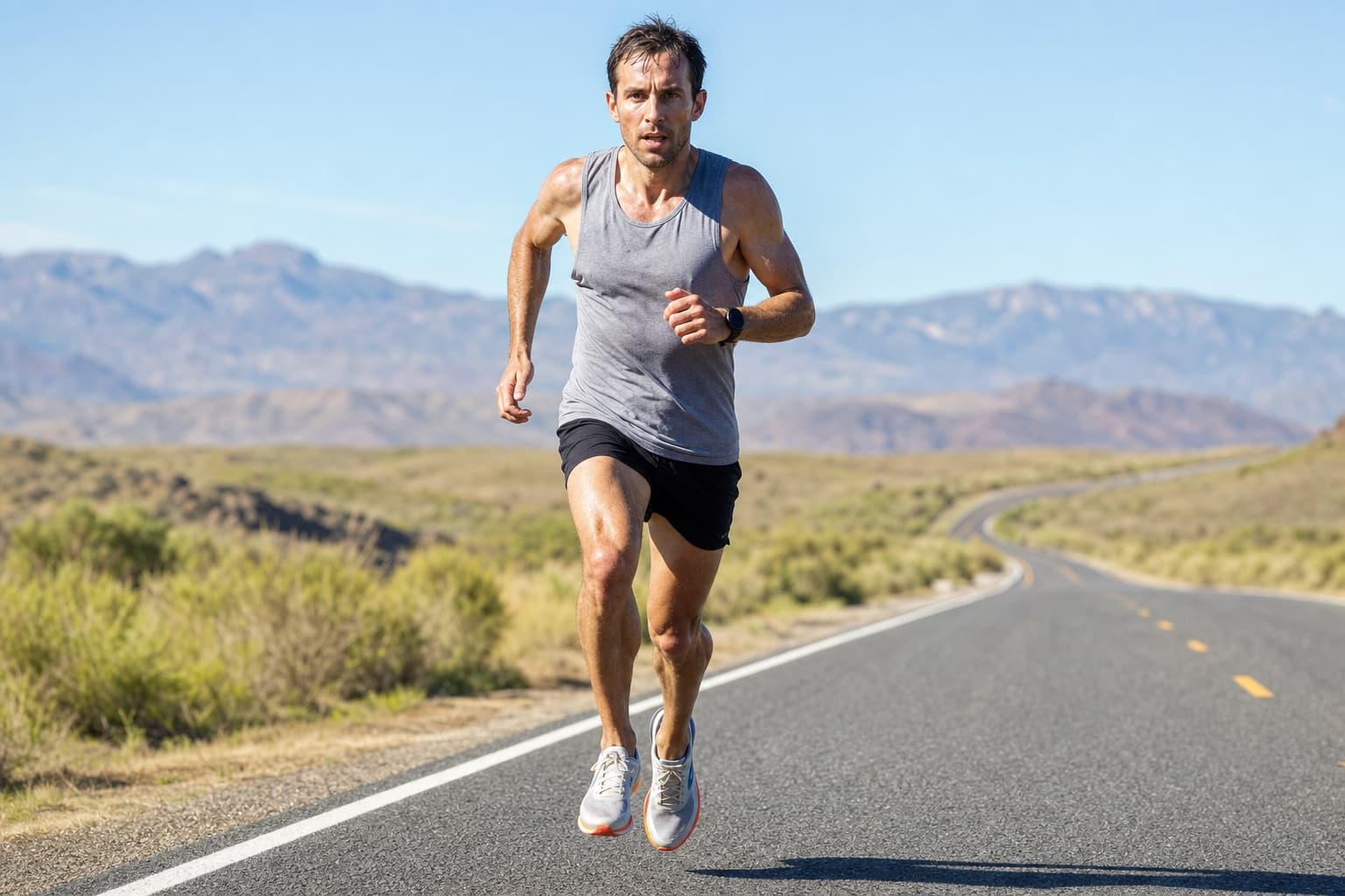 Runner pushing a hard, controlled threshold effort on an open road.