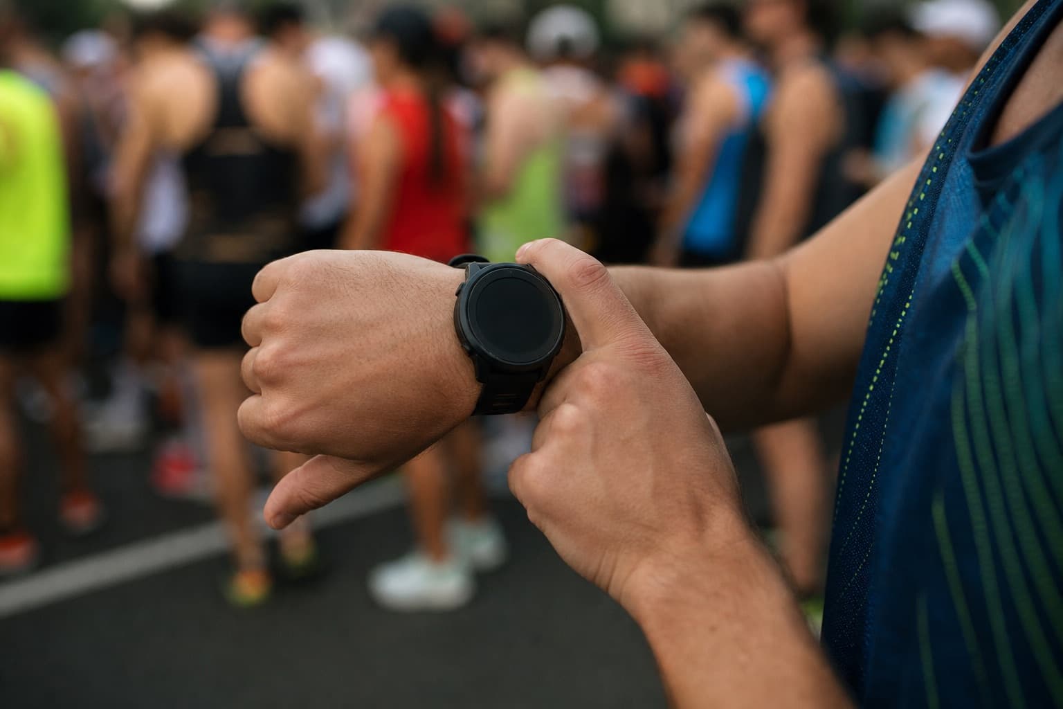 Runner adjusting a GPS watch on the start line with pre-race nerves.