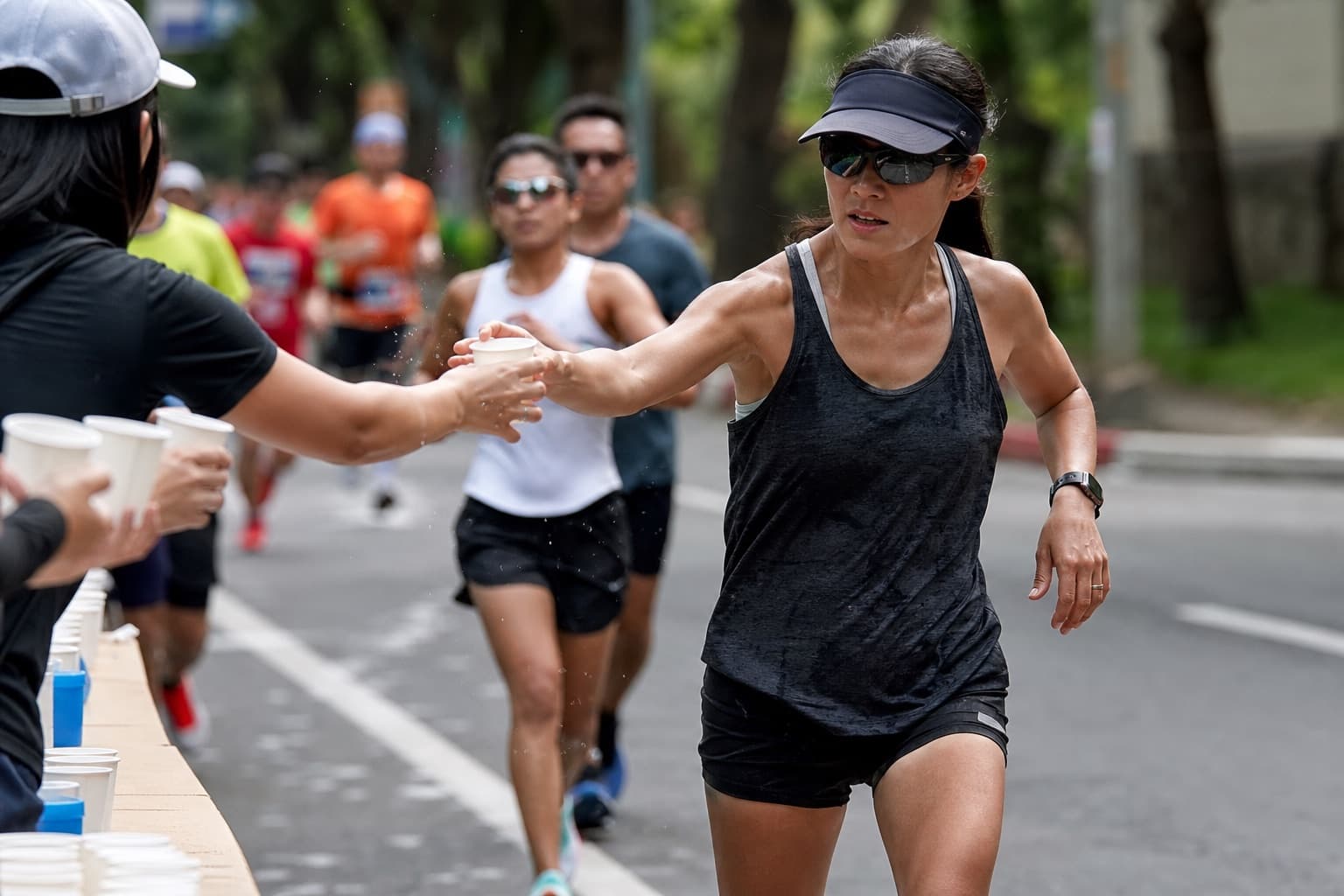 Runner reaching for a cup at an aid station during a road race.