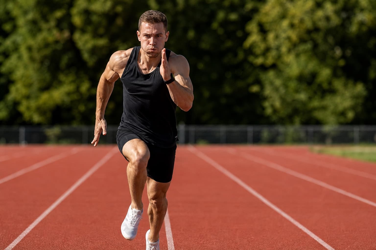 Runner driving through a fast repetition on an outdoor running track.