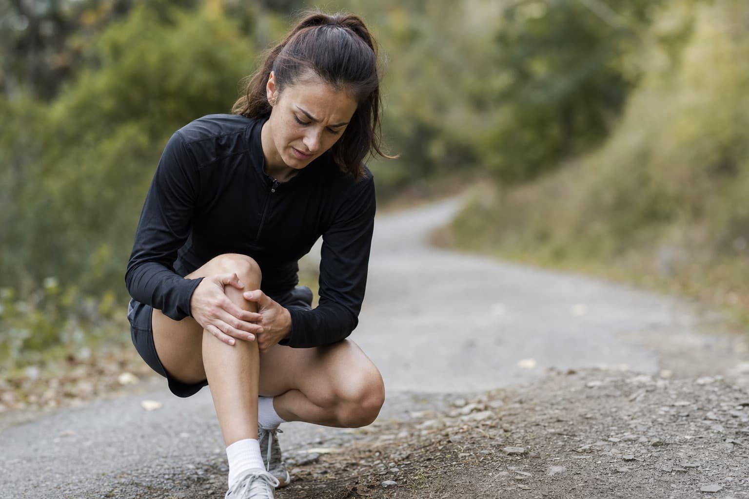 Runner pausing to hold their knee along a quiet trail.