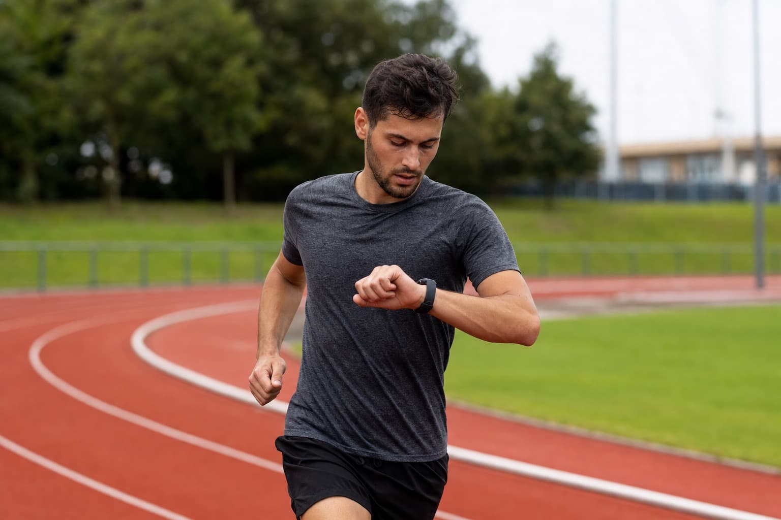 Runner glancing at a wrist watch while running on a track.