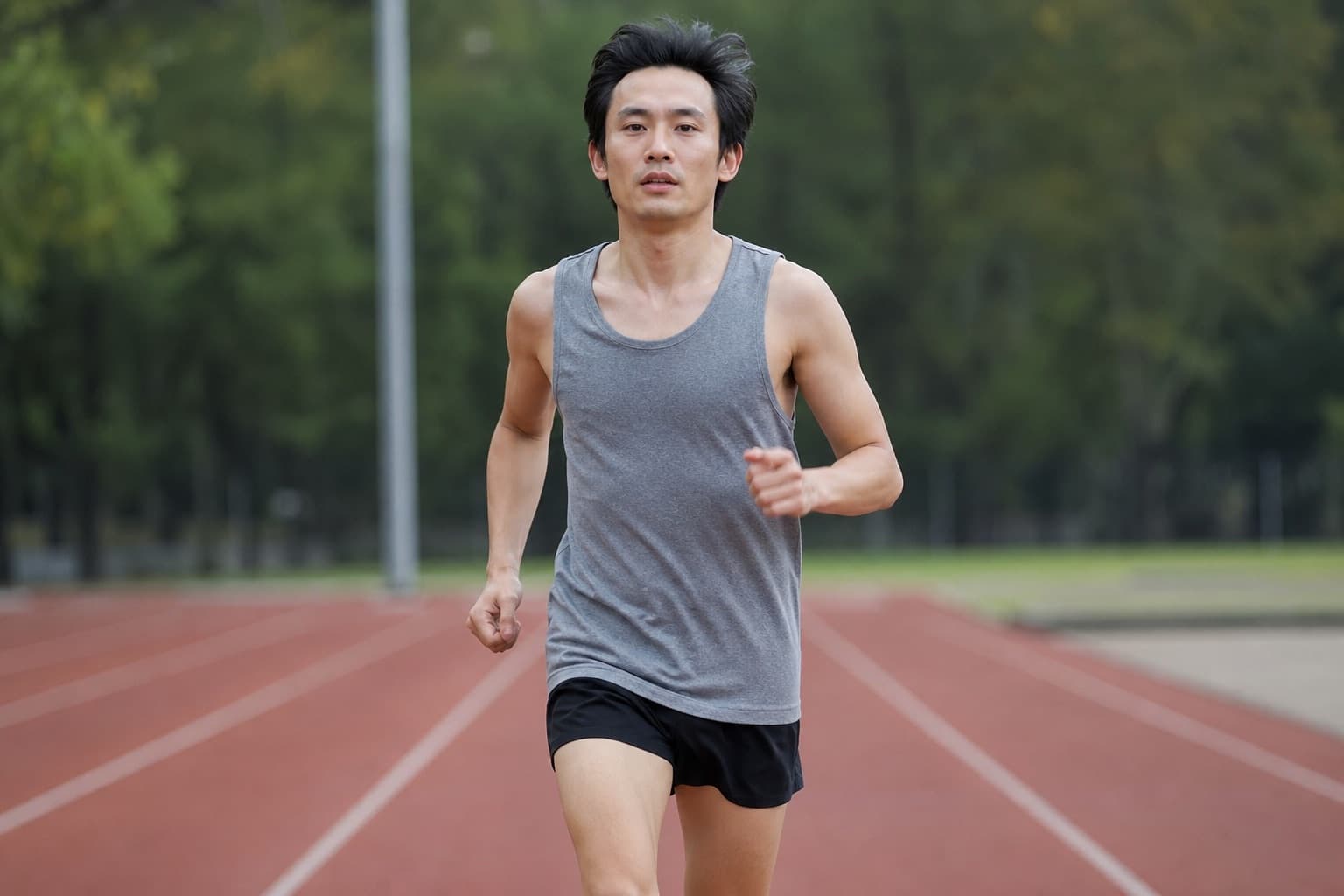 Runner practicing a relaxed, full arm swing on a track straightaway.