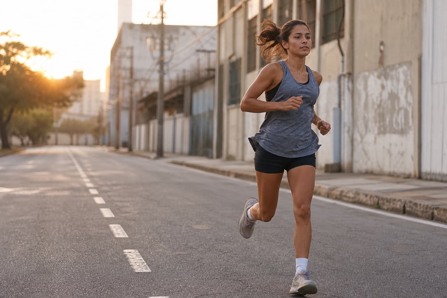 Runner on an early morning run through quiet city streets at dawn.