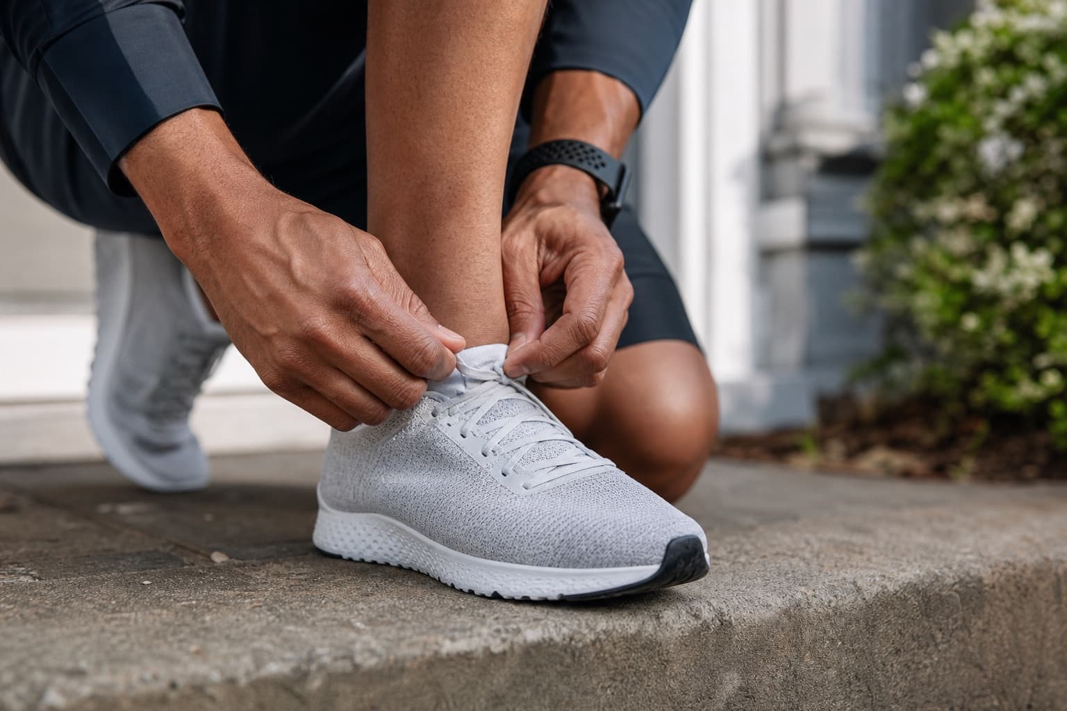 Close view of a runner lacing up running shoes before heading out.