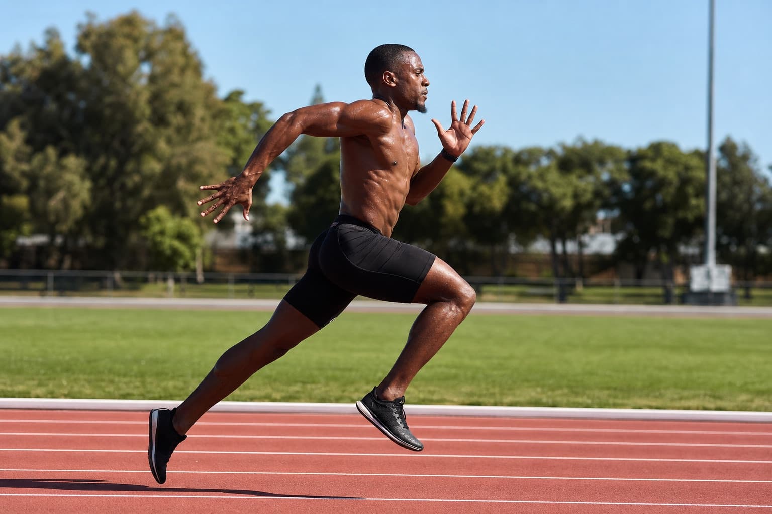 Runner sprinting a short, fast interval rep on a track.