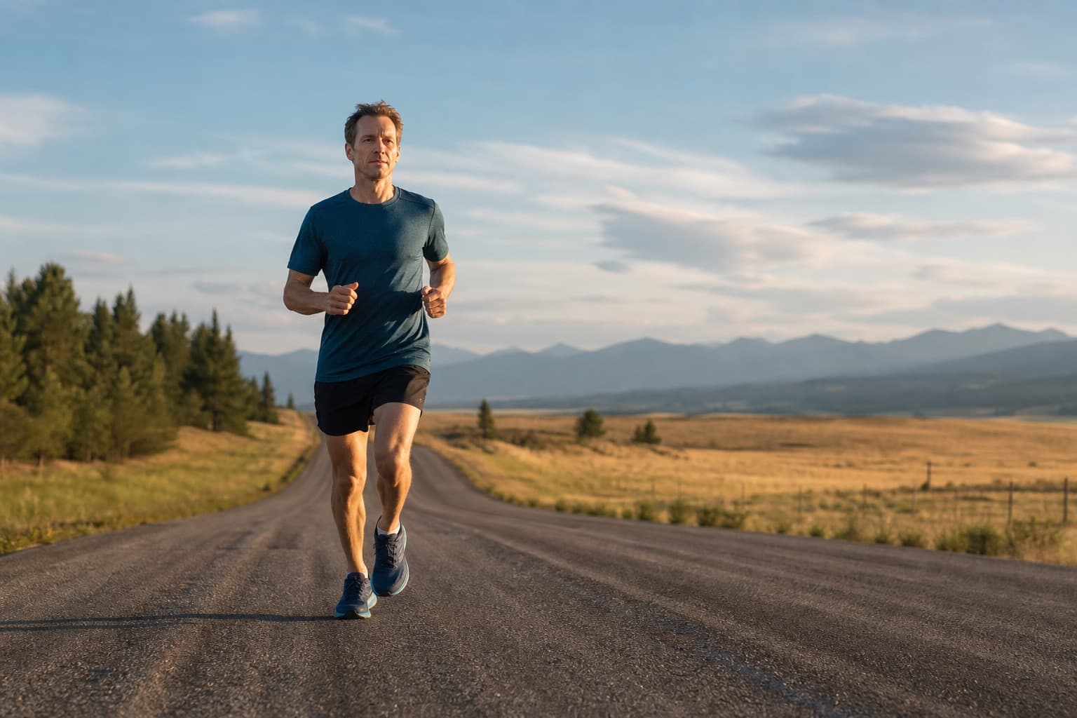 Runner on a long, easy marathon-style run along an open country road.