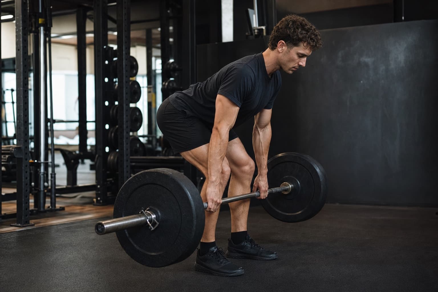 Runner performing a barbell Romanian deadlift in a gym.