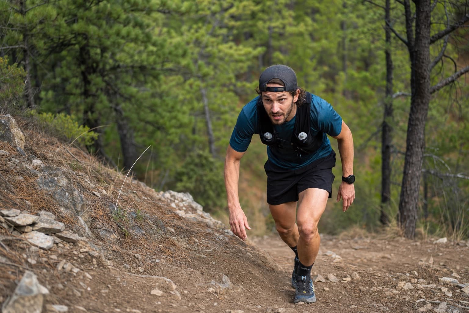 Trail runner climbing a steep dirt hill with visible effort.