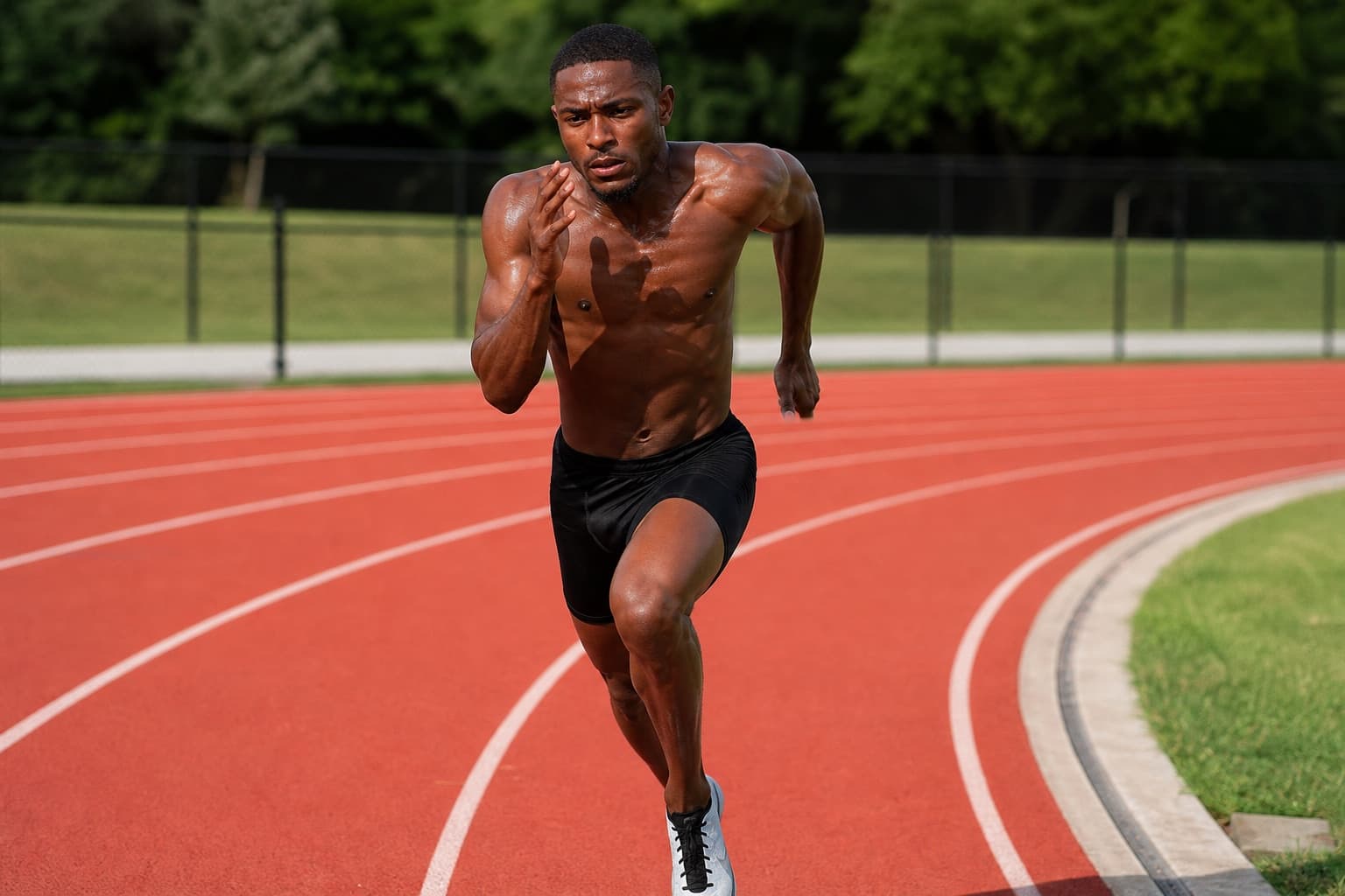 Runner running a fast, hard interval on an outdoor track.