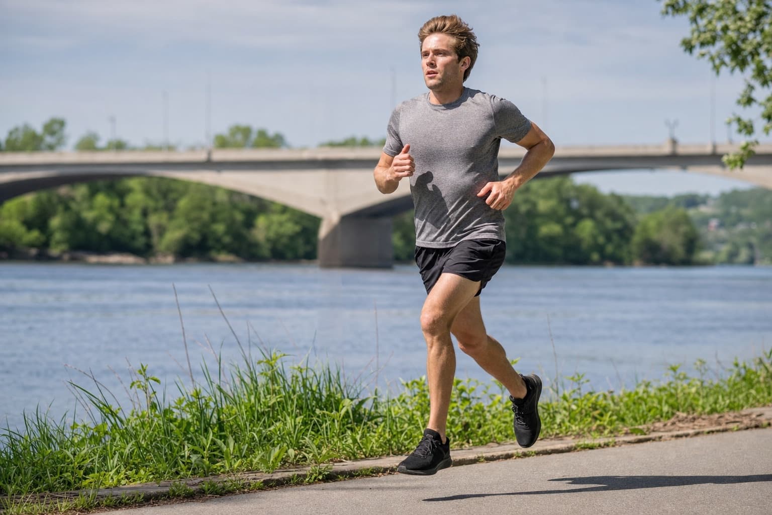 Runner holding a comfortably hard tempo effort on a riverside path.
