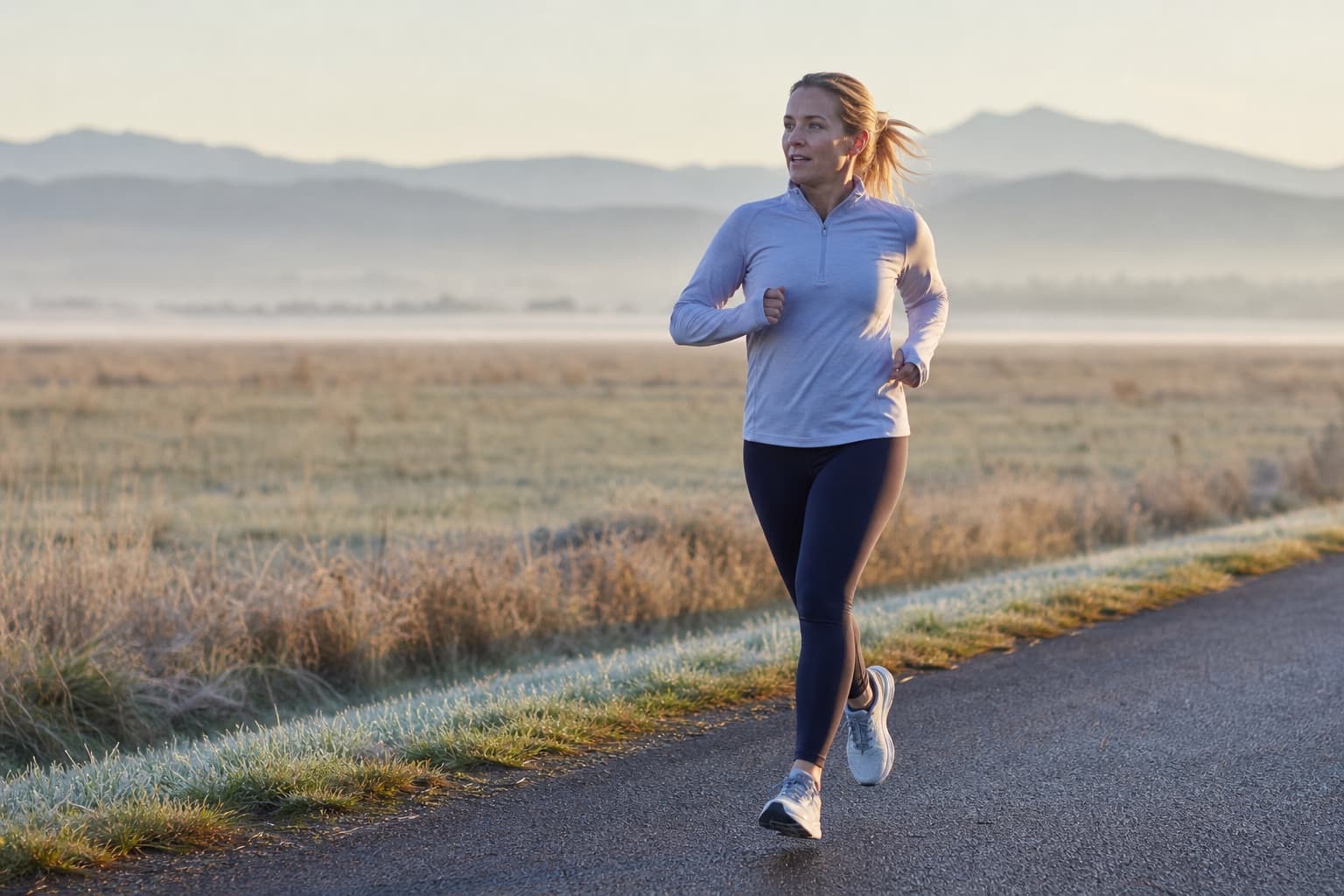 Runner at a relaxed, conversational easy pace on a quiet rural road.