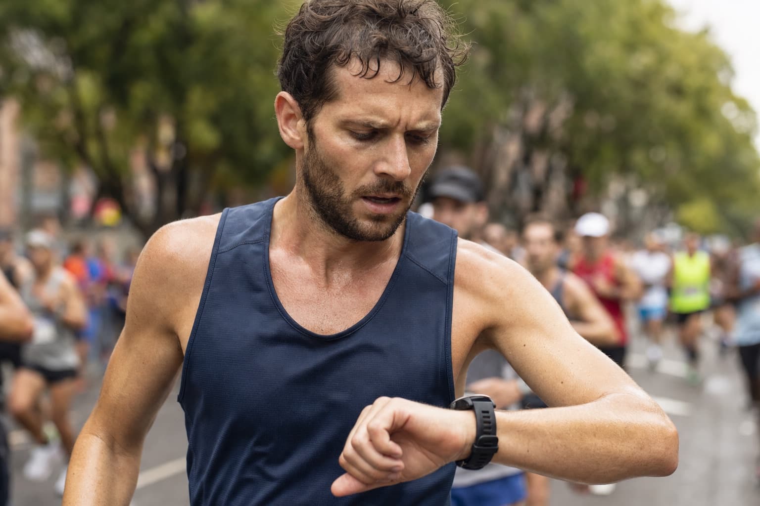 Runner glancing down at a GPS watch mid-race as the pace begins to slip.
