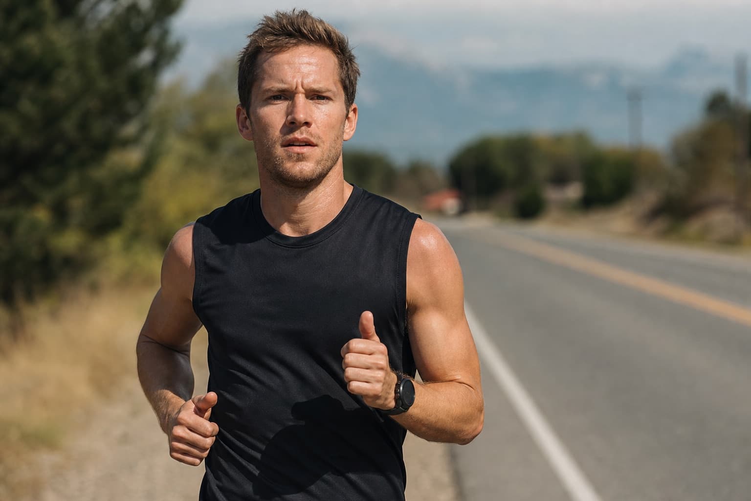 Runner pushing a moderate, medium-hard pace that drifts above easy effort.